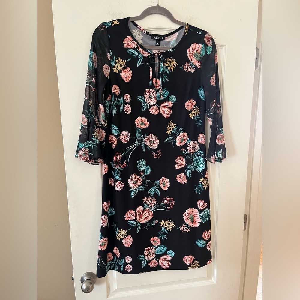 Roz & Ali Black Floral Tie-Front, Sheer Long Sleeve Dress Women’s Size Medium
